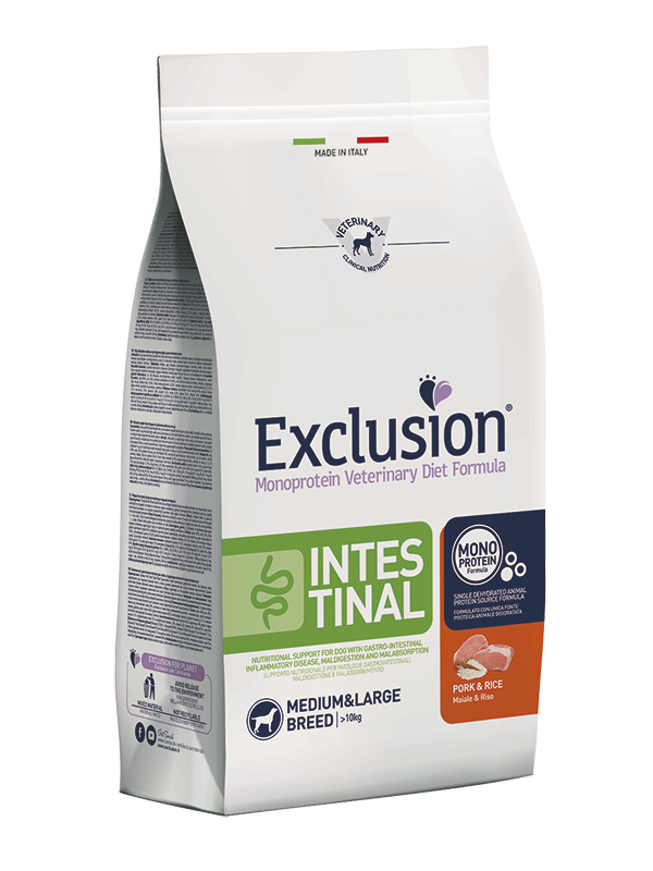 Exclusion Intestinal cane medio grande 12kg con maiale e riso, dieta veterinaria monoproteica per intestino sensibile Exclusion Intestinal cane medio grande 12kg con maiale e riso, dieta veterinaria monoproteica per intestino sensibile